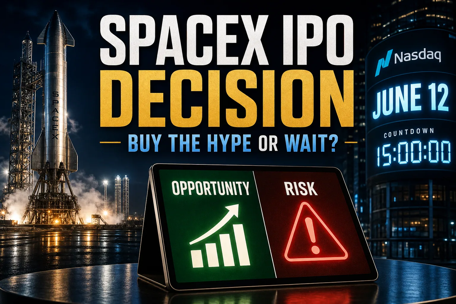 SpaceX IPO decision thumbnail showing opportunity versus risk and the question buy the hype or wait